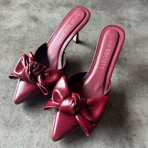 Society Wine Red Bow Pointed-Toe Mule Heels